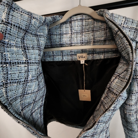 Vika Women's Small Dress Jacket Coat Tweed Cashmere Blue White NWT $398 Zip - Picture 6 of 14